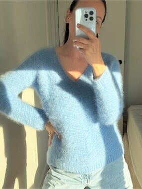 Sandro Paris Blue 70% Angora Fuzzy V-Neck Sweater Women’s